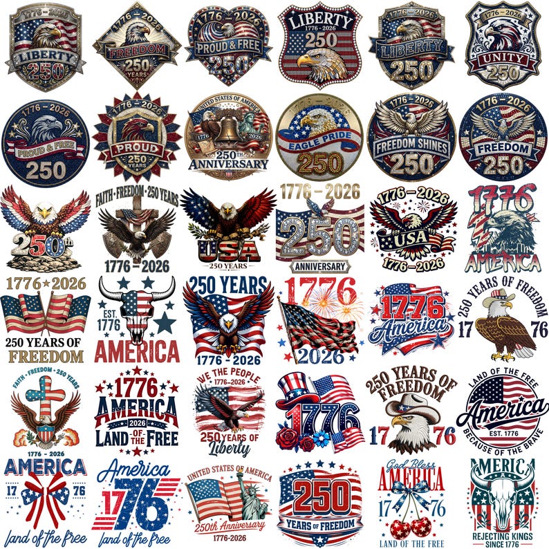 Peut inclure: Plusieurs motifs patriotiques avec des aigles, des drapeaux et les textes "1776-2026" et "250". Les motifs sont en rouge, blanc et bleu, c&eacute;l&eacute;brant l'histoire et la libert&eacute; am&eacute;ricaines.