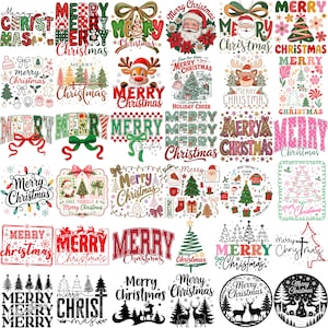 May include: A collection of thirty-five distinct Merry Christmas graphic designs featuring various holiday motifs including Santa Claus, reindeer, pine trees, bows, snowflakes, and festive typography in diverse colours, patterns, and styles.