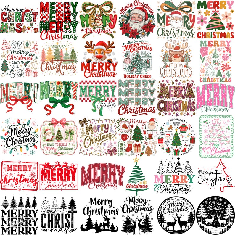 May include: A collection of thirty-five distinct Merry Christmas graphic designs featuring various holiday motifs including Santa Claus, reindeer, pine trees, bows, snowflakes, and festive typography in diverse colours, patterns, and styles.