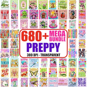 Puede incluir: Un mega paquete digital de m&aacute;s de 680 dise&ntilde;os transparentes preppy con ilustraciones coloridas de animales, insectos, frutas y textos inspiradores. El gr&aacute;fico central muestra el texto 680+ MEGA BUNDLE PREPPY 300 DPI - TRANSPARENT.