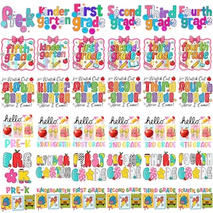 Pode incluir: Uma cole&ccedil;&atilde;o de gr&aacute;ficos coloridos com tema escolar, apresentando n&iacute;veis de ensino do Pr&eacute;-K ao Quarto Ano. Os designs incluem texto, ma&ccedil;&atilde;s, l&aacute;pis, mochilas e &ocirc;nibus escolares.