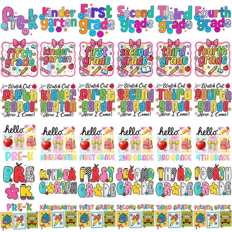 Pode incluir: Uma cole&ccedil;&atilde;o de gr&aacute;ficos coloridos com tema escolar, apresentando n&iacute;veis de ensino do Pr&eacute;-K ao Quarto Ano. Os designs incluem texto, ma&ccedil;&atilde;s, l&aacute;pis, mochilas e &ocirc;nibus escolares.