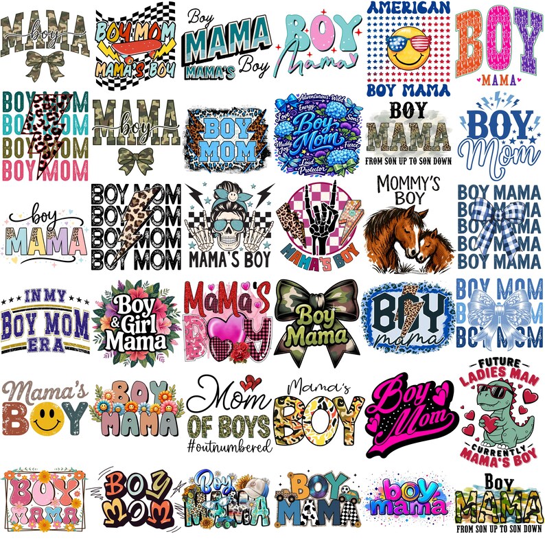 Puede incluir: Una colecci&oacute;n de dise&ntilde;os gr&aacute;ficos coloridos con las palabras "Boy Mom", "Boy Mama" y "Mom of Boys". Los dise&ntilde;os presentan varias fuentes, patrones e im&aacute;genes, incluyendo lazos, corazones y un dinosaurio.