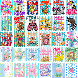 Puede incluir: Una colecci&oacute;n de treinta dise&ntilde;os gr&aacute;ficos coloridos que presentan varios animales, incluyendo mapaches, tortugas y flamencos, junto con frases juguetonas como Helping little minds grow, Gotta go y School's Out For Summer sobre fondos a rayas.