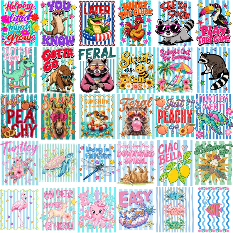 Puede incluir: Una colecci&oacute;n de treinta dise&ntilde;os gr&aacute;ficos coloridos que presentan varios animales, incluyendo mapaches, tortugas y flamencos, junto con frases juguetonas como Helping little minds grow, Gotta go y School's Out For Summer sobre fondos a rayas.