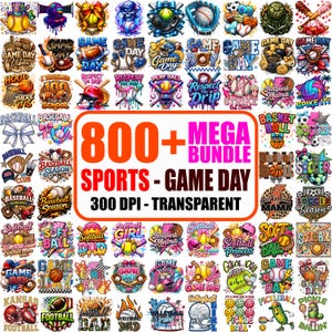 Op de afbeelding: Een digitale collectie van 800+ sportgerelateerde grafische ontwerpen met motieven van honkbal, softbal, basketbal, voetbal en pickleball, inclusief tekstelementen zoals Game Day, Ballpark Mama en Softball Girl in diverse kleuren.
