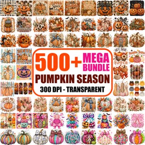 Pacchetto completo di oltre 500 immagini PNG a tema zucca, patch autunnale retrò, Ringraziamento, Halloween e zucche intagliate (download digitale)