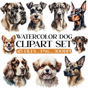Watercolor Dog Breed Clipart Bundle: 45 PNG Illustrations (Commercial Use