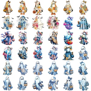 May include: A collection of watercolor-style Halloween ghost stickers. Each ghost is unique, with different patterns, bows, and accessories. Some hold jack-o'-lanterns, and others are surrounded by flowers or bats. The color palette includes blues, oranges, and pastels.