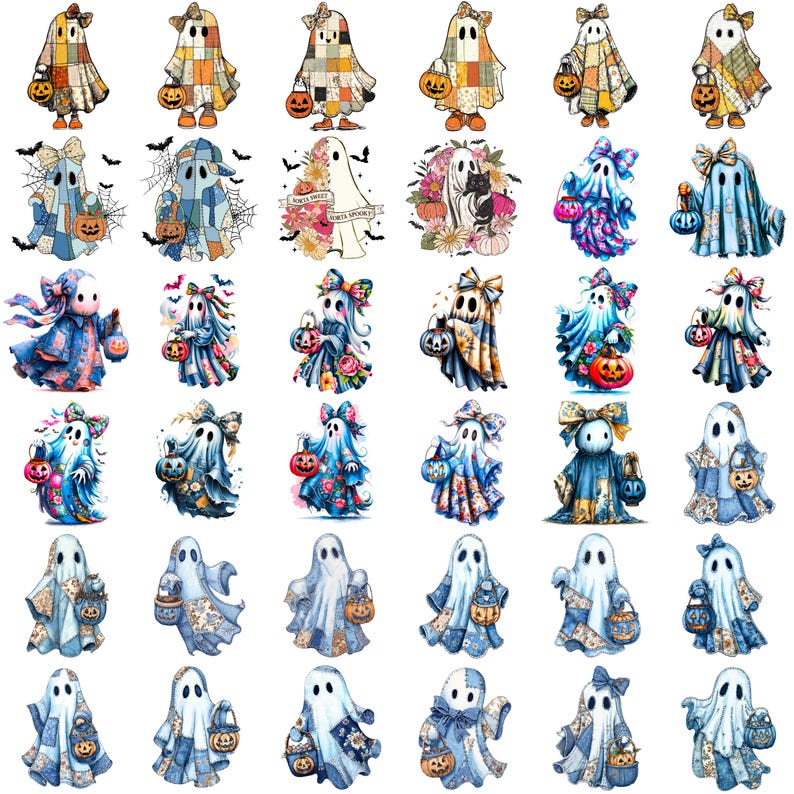 May include: A collection of watercolor-style Halloween ghost stickers. Each ghost is unique, with different patterns, bows, and accessories. Some hold jack-o'-lanterns, and others are surrounded by flowers or bats. The color palette includes blues, oranges, and pastels.