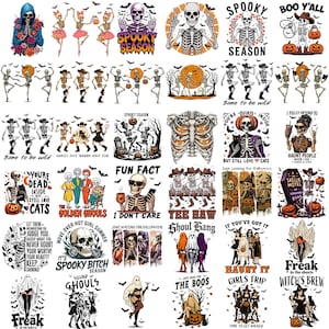 May include: A collection of Halloween-themed graphic designs featuring skeletons, ghosts, and pumpkins. Designs include phrases like "Spooky Season," "Boo Y'all," and "Ghoul Gang." The color palette is primarily black, white, and orange.
