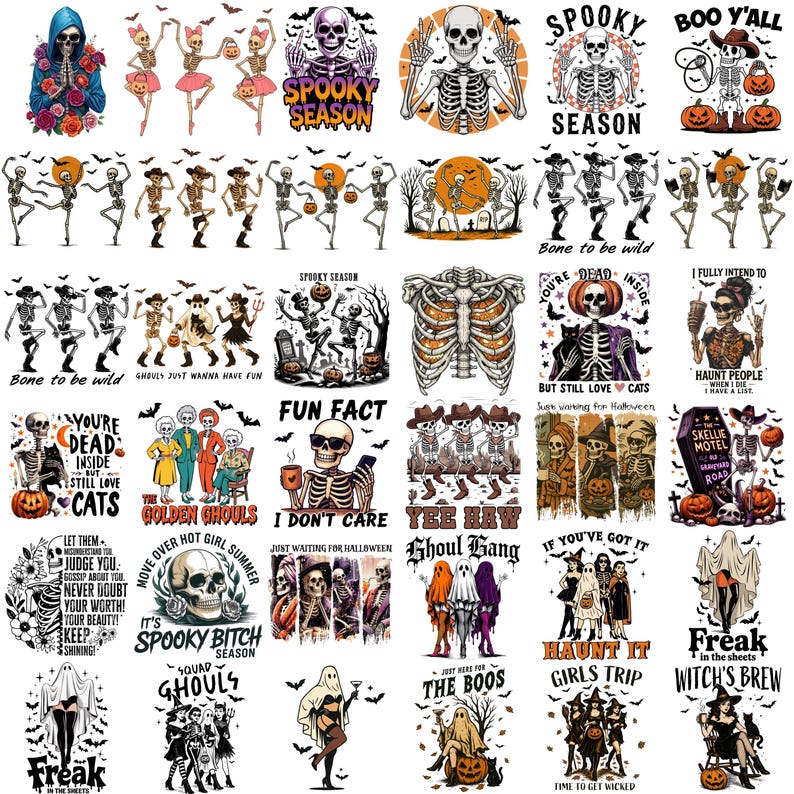 May include: A collection of Halloween-themed graphic designs featuring skeletons, ghosts, and pumpkins. Designs include phrases like "Spooky Season," "Boo Y'all," and "Ghoul Gang." The color palette is primarily black, white, and orange.