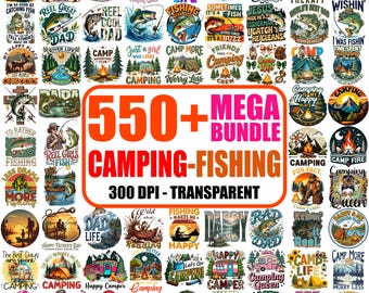 May include: A digital collection of 550+ camping and fishing graphic designs featuring colorful illustrations of fish, tents, campfires, and mountains with text overlays like 550+ MEGA BUNDLE CAMPING-FISHING 300 DPI - TRANSPARENT.