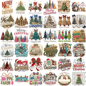 May include: A collection of thirty-five individual Christmas-themed graphic designs featuring various illustrations of decorated pine trees, Santa Claus, a raccoon, a snowman, reindeer, cowboy hats, and boots, all accompanied by Merry Christmas text.