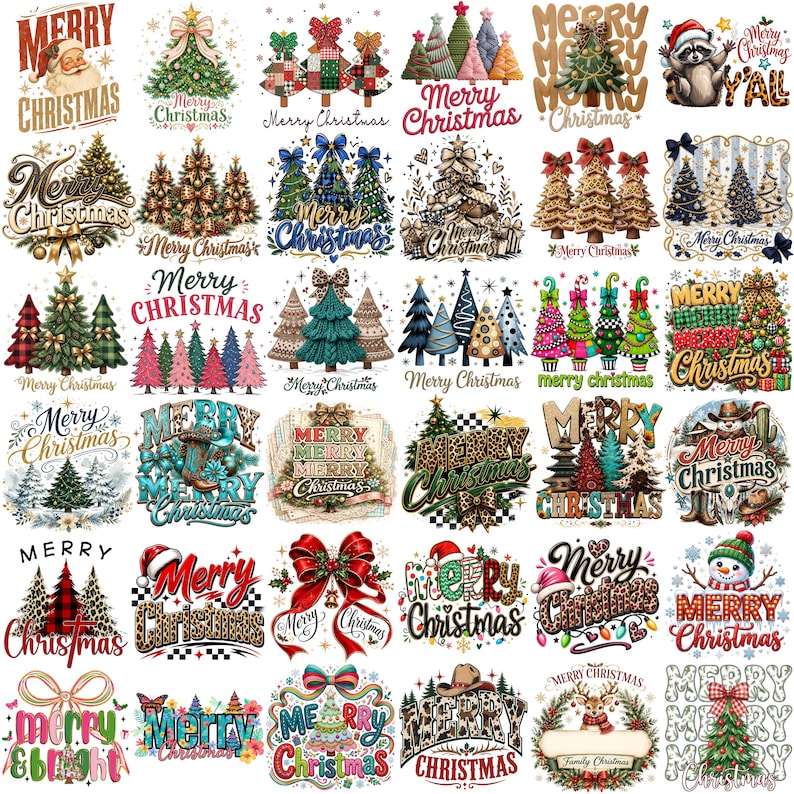 May include: A collection of thirty-five individual Christmas-themed graphic designs featuring various illustrations of decorated pine trees, Santa Claus, a raccoon, a snowman, reindeer, cowboy hats, and boots, all accompanied by Merry Christmas text.