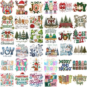 May include: A collection of thirty-five individual Christmas-themed graphic designs featuring various illustrations including reindeer, snowmen, decorated pine trees, wrapped gifts, and festive text such as Merry and Bright, Joy, and Let It Snow.