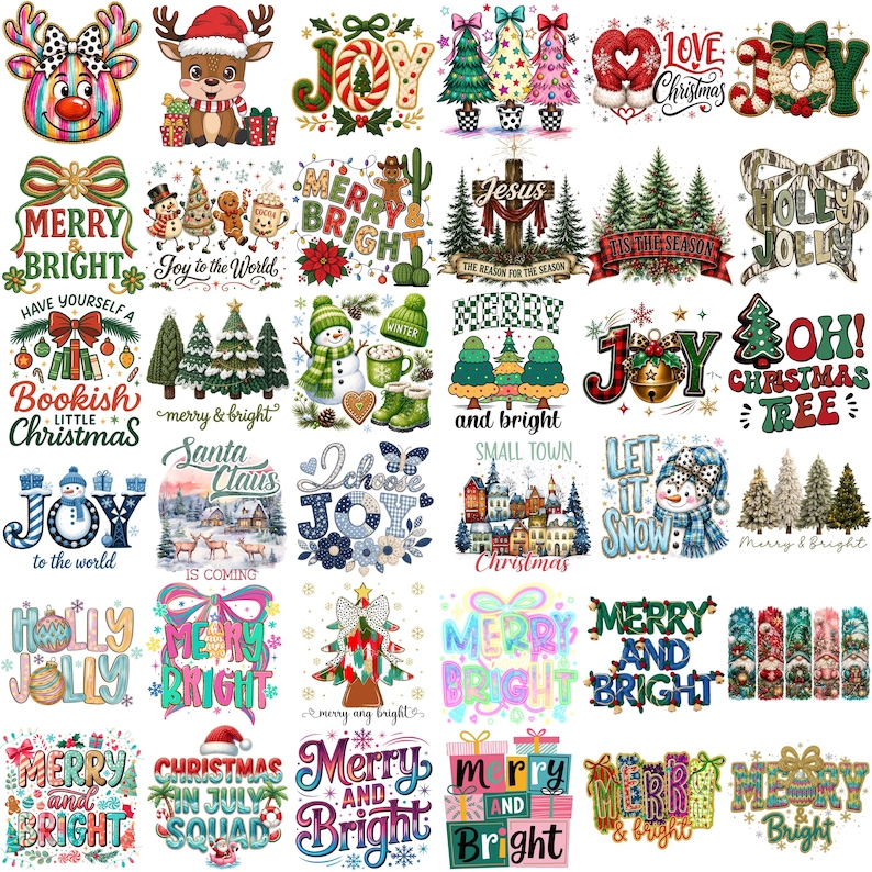 May include: A collection of thirty-five individual Christmas-themed graphic designs featuring various illustrations including reindeer, snowmen, decorated pine trees, wrapped gifts, and festive text such as Merry and Bright, Joy, and Let It Snow.