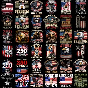 Peut inclure: Une collection de motifs patriotiques c&eacute;l&eacute;brant 250 ans de libert&eacute; am&eacute;ricaine. Les images pr&eacute;sentent des aigles, des drapeaux et le texte "1776-2026" et "250 Years of Freedom" en rouge, blanc et bleu sur fond noir.