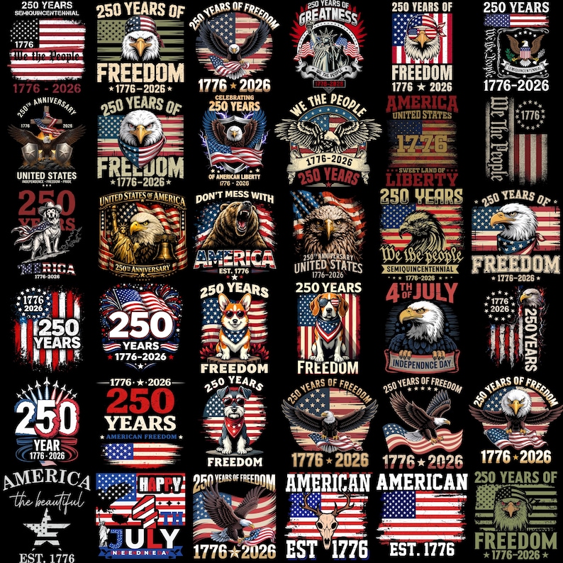 Peut inclure: Une collection de motifs patriotiques c&eacute;l&eacute;brant 250 ans de libert&eacute; am&eacute;ricaine. Les images pr&eacute;sentent des aigles, des drapeaux et le texte "1776-2026" et "250 Years of Freedom" en rouge, blanc et bleu sur fond noir.