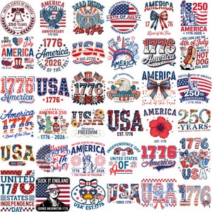 Peut inclure: Une collection de motifs patriotiques avec des drapeaux am&eacute;ricains, la Statue de la Libert&eacute;, des aigles et les textes "1776" et "USA". Les motifs sont en rouge, blanc et bleu, c&eacute;l&eacute;brant le jour de l'Ind&eacute;pendance et le 250e anniversaire.