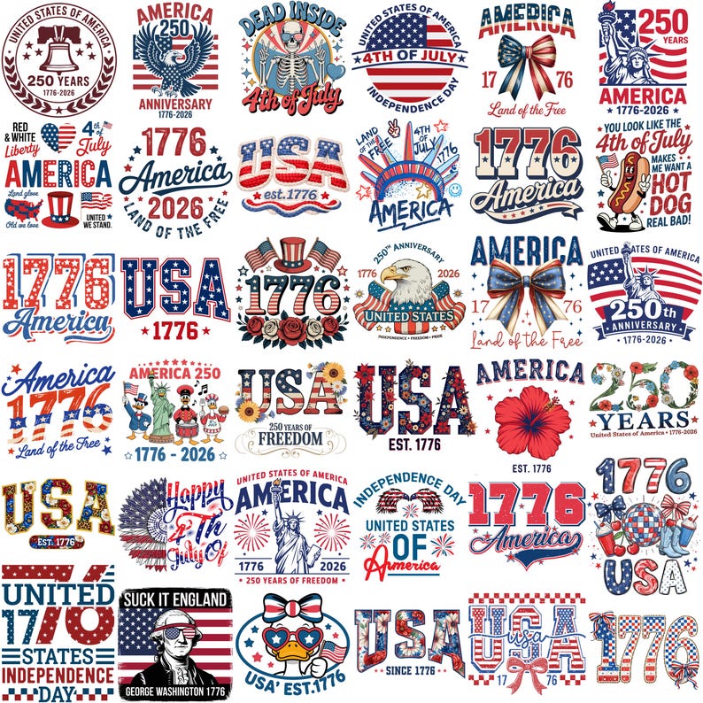 Peut inclure: Une collection de motifs patriotiques avec des drapeaux am&eacute;ricains, la Statue de la Libert&eacute;, des aigles et les textes "1776" et "USA". Les motifs sont en rouge, blanc et bleu, c&eacute;l&eacute;brant le jour de l'Ind&eacute;pendance et le 250e anniversaire.