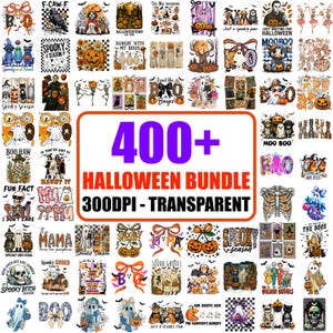 May include: A collection of Halloween-themed digital designs. The image features a variety of graphics, including ghosts, pumpkins, skeletons, and text like "Spooky Season" and "Halloween Bundle." The designs are in various colors and styles, perfect for crafting projects.