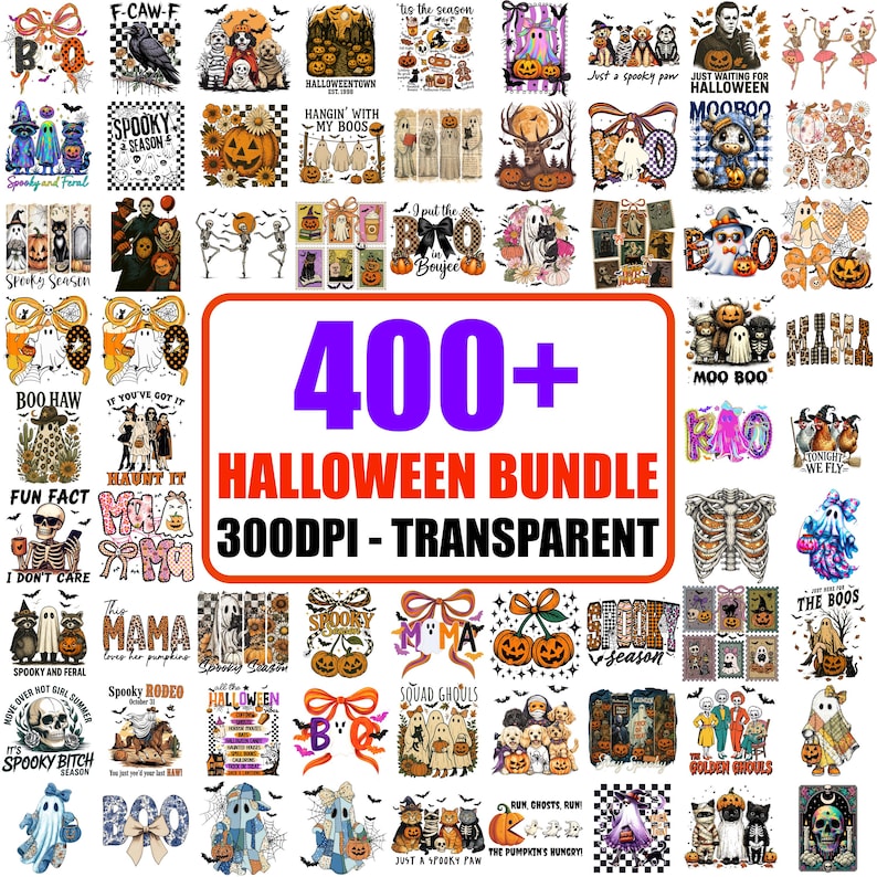 May include: A collection of Halloween-themed digital designs. The image features a variety of graphics, including ghosts, pumpkins, skeletons, and text like "Spooky Season" and "Halloween Bundle." The designs are in various colors and styles, perfect for crafting projects.
