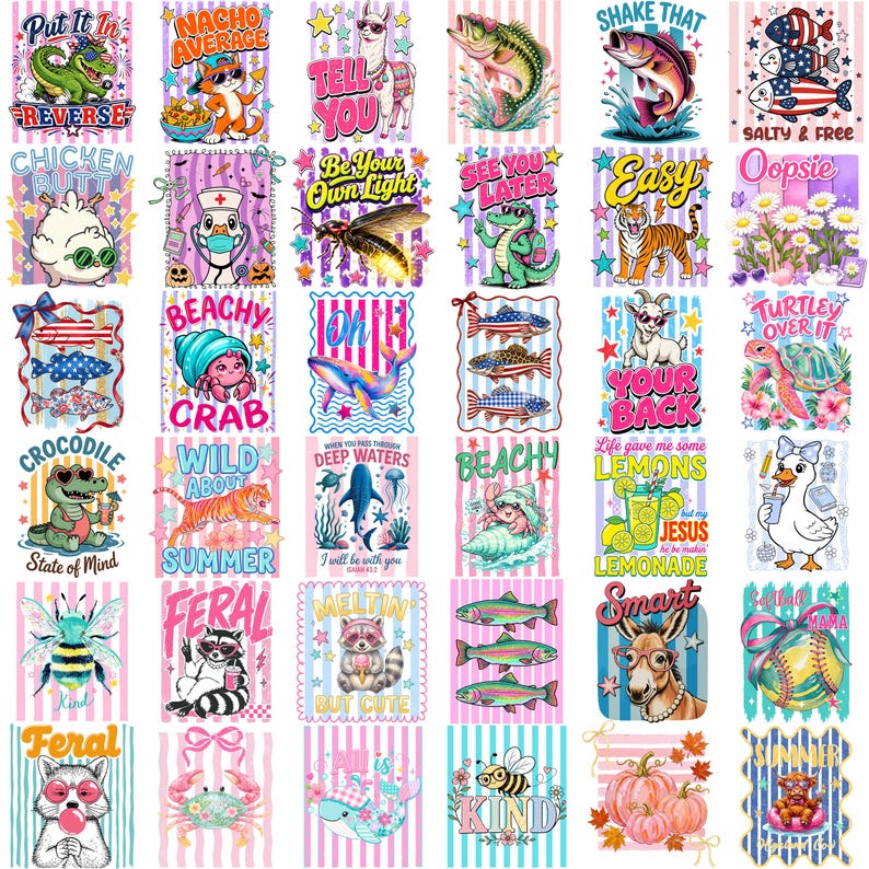 Puede incluir: Una colecci&oacute;n de treinta y cinco dise&ntilde;os gr&aacute;ficos coloridos con varios animales, incluyendo cocodrilos, peces, abejas y mapaches, combinados con frases de texto l&uacute;dicas como Put It In Reverse, Nacho Average y Wild About Summer.