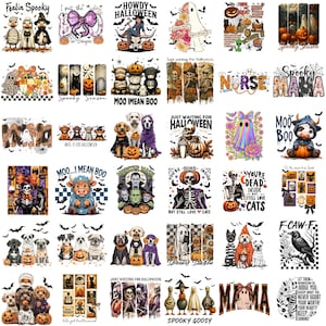 May include: A collection of Halloween-themed graphic designs featuring various spooky characters, phrases, and illustrations. Designs include ghosts, pumpkins, cats, dogs, and text like "Spooky Season" and "Howdy Halloween."
