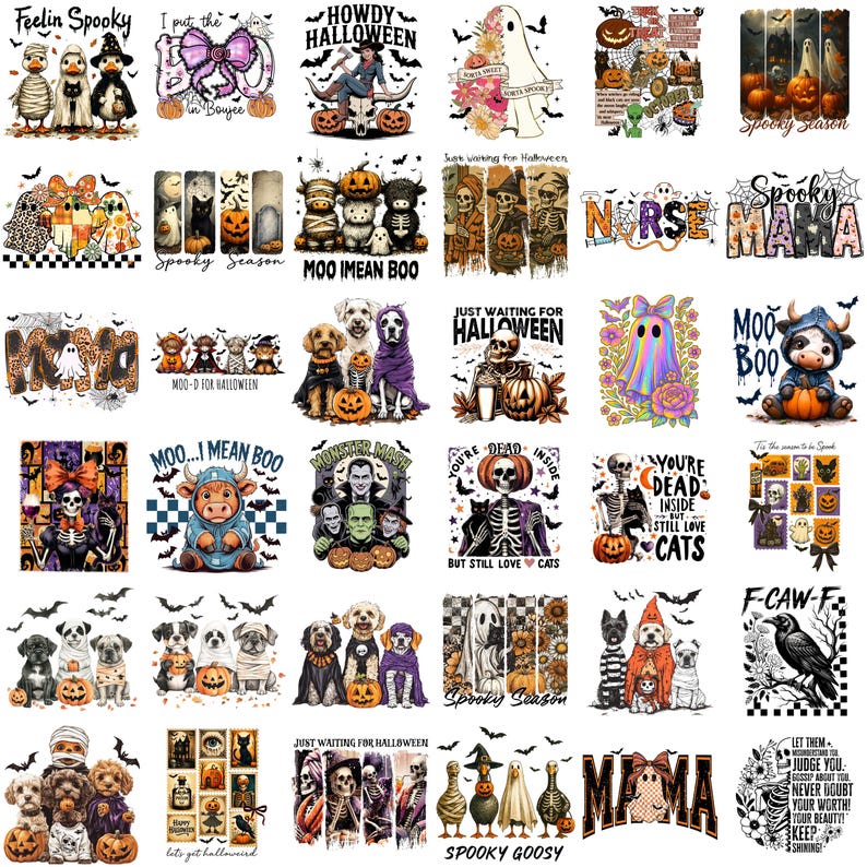 May include: A collection of Halloween-themed graphic designs featuring various spooky characters, phrases, and illustrations. Designs include ghosts, pumpkins, cats, dogs, and text like "Spooky Season" and "Howdy Halloween."