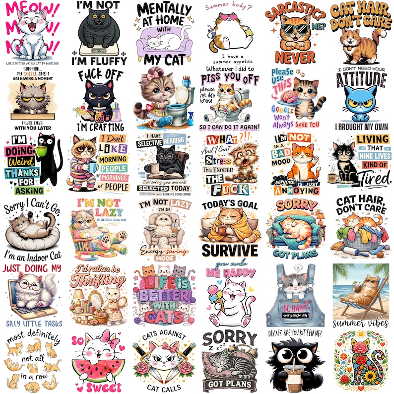 May include: Collection of cat-themed graphic designs with various phrases and illustrations. Designs include cats with sunglasses, text like "Meow!", "I'm not lazy", and "Sorry I can't go". The images are colorful and playful.