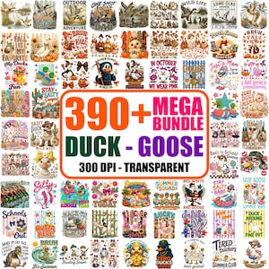 May include: A digital collection of 390+ duck and goose graphic designs featuring various seasonal, holiday, and humorous themes with text, presented as a mega bundle of 300 DPI transparent files for creative projects and printing applications.