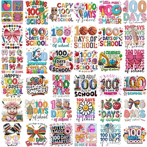 Pu&ograve; includere: Una collezione di design digitali colorati che celebrano il 100&deg; giorno di scuola. Le immagini presentano vari temi, tra cui ciambelle, matite, mele e testo giocoso come "Roaring into 100 Days of School."
