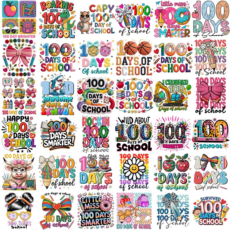 Pu&ograve; includere: Una collezione di design digitali colorati che celebrano il 100&deg; giorno di scuola. Le immagini presentano vari temi, tra cui ciambelle, matite, mele e testo giocoso come "Roaring into 100 Days of School."