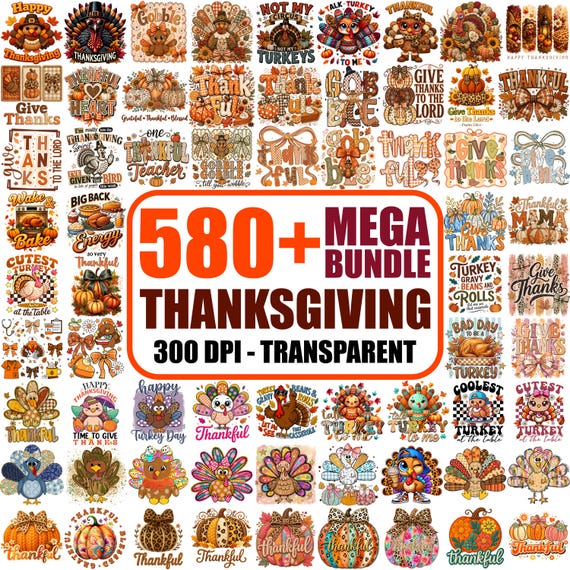 580+ Thanksgiving PNG Mega Bundle, Trendy Turkey , Retro Gobble Fall (300 DPI)