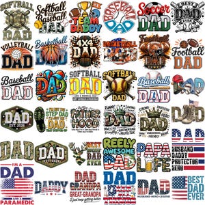 May include: A selection of graphic designs with the word "DAD" in various styles, including sports themes like football and baseball. Designs incorporate camouflage, patriotic elements, and phrases such as "Best Dad Ever."