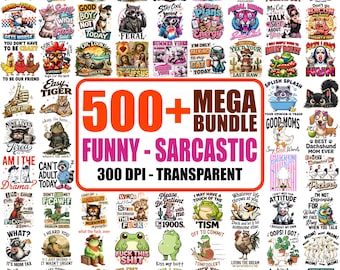 500+ Funny Sarcastic PNG Mega Bundle, Sassy Raccoon Clipart, Retro Humor