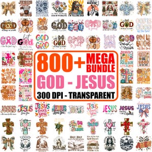 May include: A collection of over 800 Christian-themed digital designs, including crosses, inspirational quotes, and images of Jesus. The designs are in various colors and styles, with the text "GOD - JESUS" and "300 DPI - TRANSPARENT" prominently displayed.