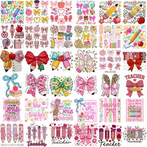 May include: A collection of colorful teacher-themed designs. The designs include bows, pencils, apples, books, and the word "Teacher" in various fonts. Some designs feature text like "Teach them, love them" and "Created by God, Chosen by Jesus, Called to be a Teacher."