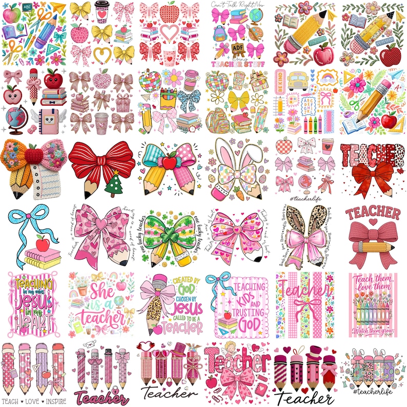 May include: A collection of colorful teacher-themed designs. The designs include bows, pencils, apples, books, and the word "Teacher" in various fonts. Some designs feature text like "Teach them, love them" and "Created by God, Chosen by Jesus, Called to be a Teacher."