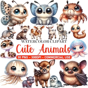 Watercolor Cute Animals Clipart | Baby Jungle Ocean Insect Animal Set | Nursery Art |Sublimation designs | Digital Download | Commercial Use