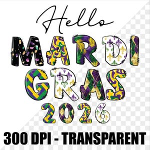 May include: A colorful Mardi Gras design with the words "Hello Mardi Gras 2026". The text is in various patterns and colors, including purple, green, and gold. The design also includes fleur-de-lis symbols and a transparent background.