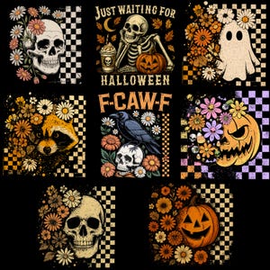 May include: A collection of Halloween-themed graphics featuring skulls, a ghost, a raccoon, a raven, and jack-o'-lanterns. Each design is surrounded by flowers and set against a checkered background. Text includes "Just Waiting for Halloween" and "F-CAW-F".