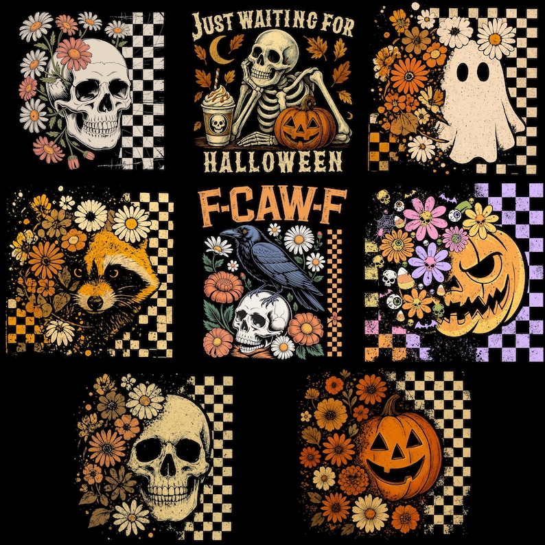 May include: A collection of Halloween-themed graphics featuring skulls, a ghost, a raccoon, a raven, and jack-o'-lanterns. Each design is surrounded by flowers and set against a checkered background. Text includes "Just Waiting for Halloween" and "F-CAW-F".