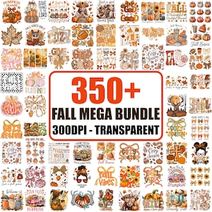 Puede incluir: Un conjunto de diseños digitales con temática otoñal, que incluye calabazas, hojas y frases de temporada. La imagen presenta el texto "350+ FALL MEGA BUNDLE 300DPI - TRANSPARENT" en letras grandes de color naranja, con gráficos e ilustraciones.