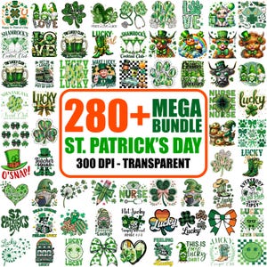 Pode incluir: Uma coleção de gráficos com o tema do Dia de São Patrício, incluindo trevos, duendes e texto. A imagem apresenta uma variedade de designs em verde, branco e laranja, com as palavras "280+ MEGA BUNDLE ST. PATRICK'S DAY".