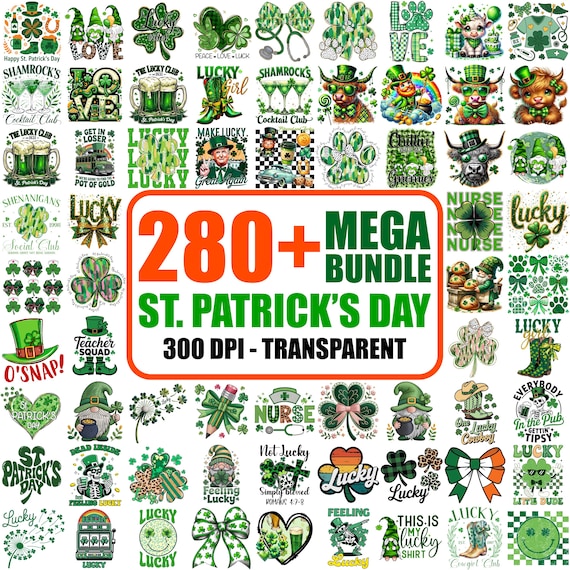 280+ St. Patrick's Day PNG Bundle, Shamrock, Gnome, Nurse, Clover (Digital Download)