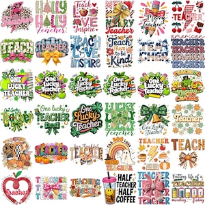 May include: A collection of colorful teacher-themed designs. The images include text like "Teach Love Inspire", "One Lucky Teacher", and "Merry Teacher". Designs feature apples, pencils, bows, and shamrocks, perfect for teacher appreciation gifts.
