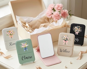 Personalized Square Folding Makeup Mirror,Custom Name Folding Pocket Mirror,Floral Travel Makeup Mirror,Bridesmaid Gift,Mothers Day Gifts