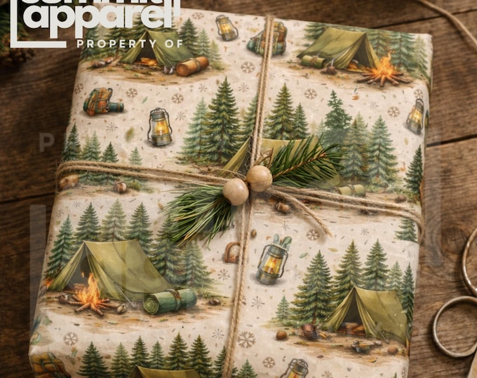 Camping Wrapping Paper, Evergreen Forest Gift Wrap, Tents and Campfire Pattern, Nature Lover Gift Wrap, Outdoor Adventure Paper
